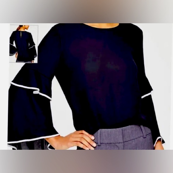 - LOFT" BLACK & WHITE RUFFLED BELL SLEEVE COTTON BLOUSE - Picture 1 of 5